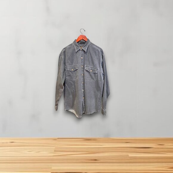 Eddie Bauer Elkhorn Twill Smokey Grey Denim Button Down Shirt Vintage Workwear - Picture 1 of 8